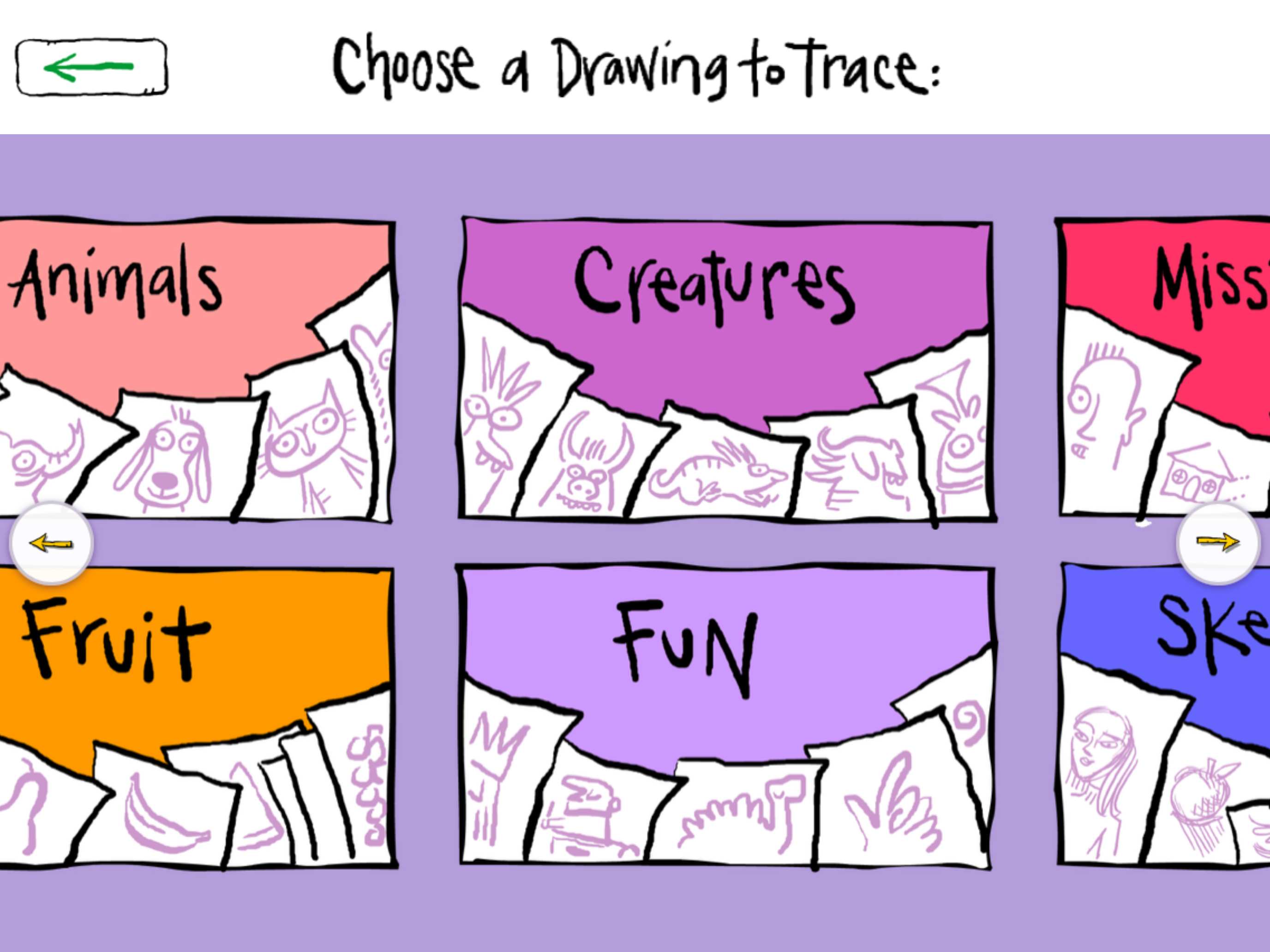 The 'Choose a Drawing to Trace' screen: Peter's hand-lettered pack covers, Animals, Creatures, Fruit and Fun, on a lavender field.