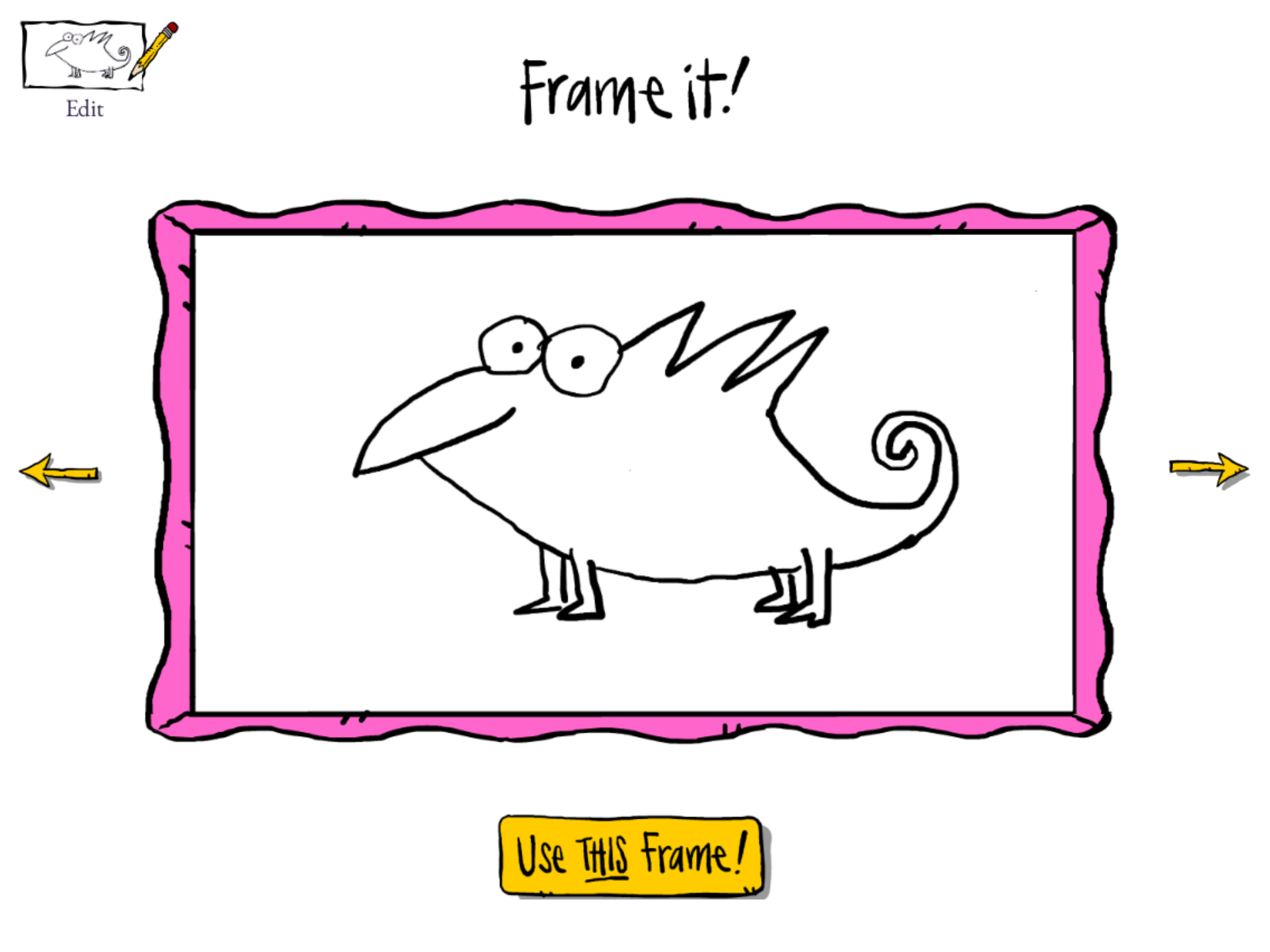 The 'Frame it!' screen: the finished chameleon in a wavy pink hand-drawn frame, with arrows to try others and a 'Use THIS Frame!' button.