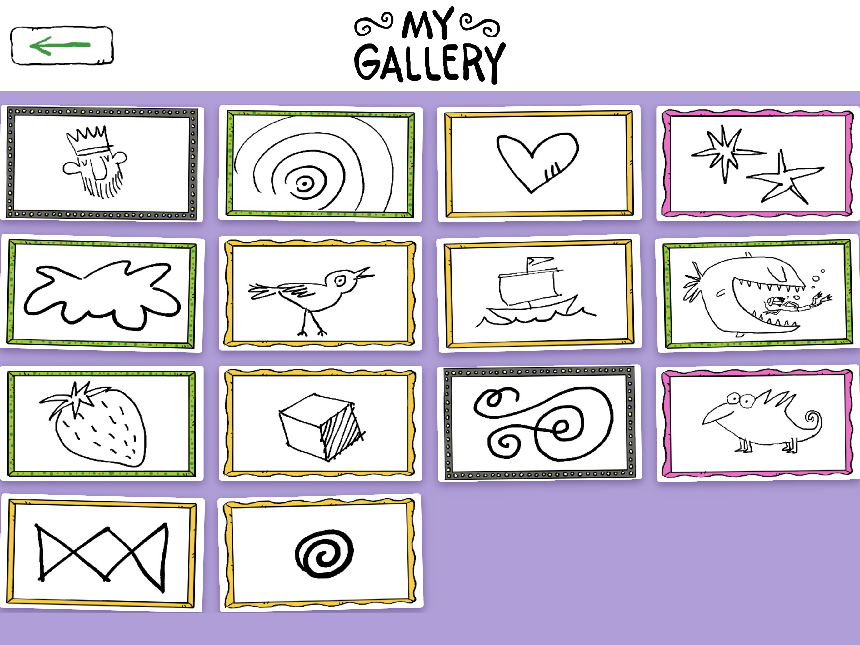 The gallery: framed drawings, among them a king, a bird, a boat, a strawberry and the chameleon, under Peter's hand-lettered 'MY GALLERY' heading.