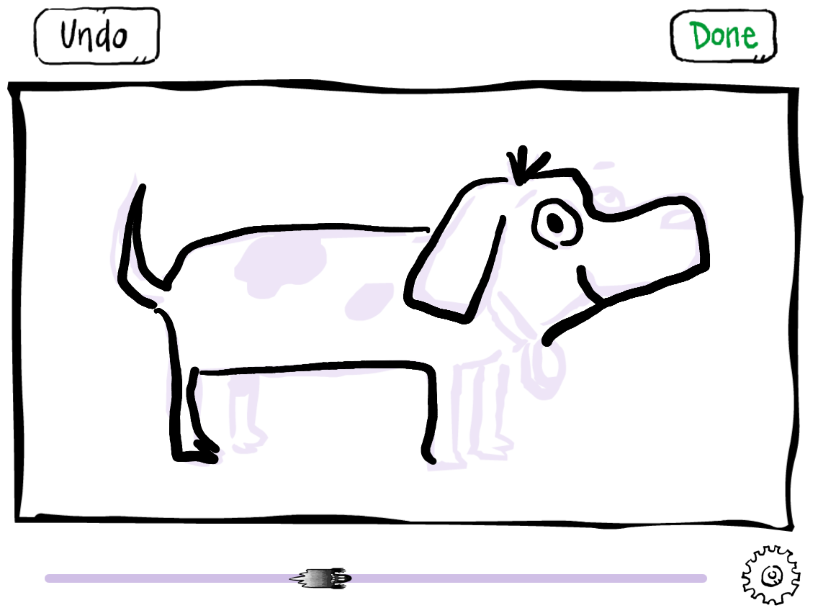 Tracing a dog: bold black lines over most of a pale purple guide, with its spots, collar and front legs still to go.
