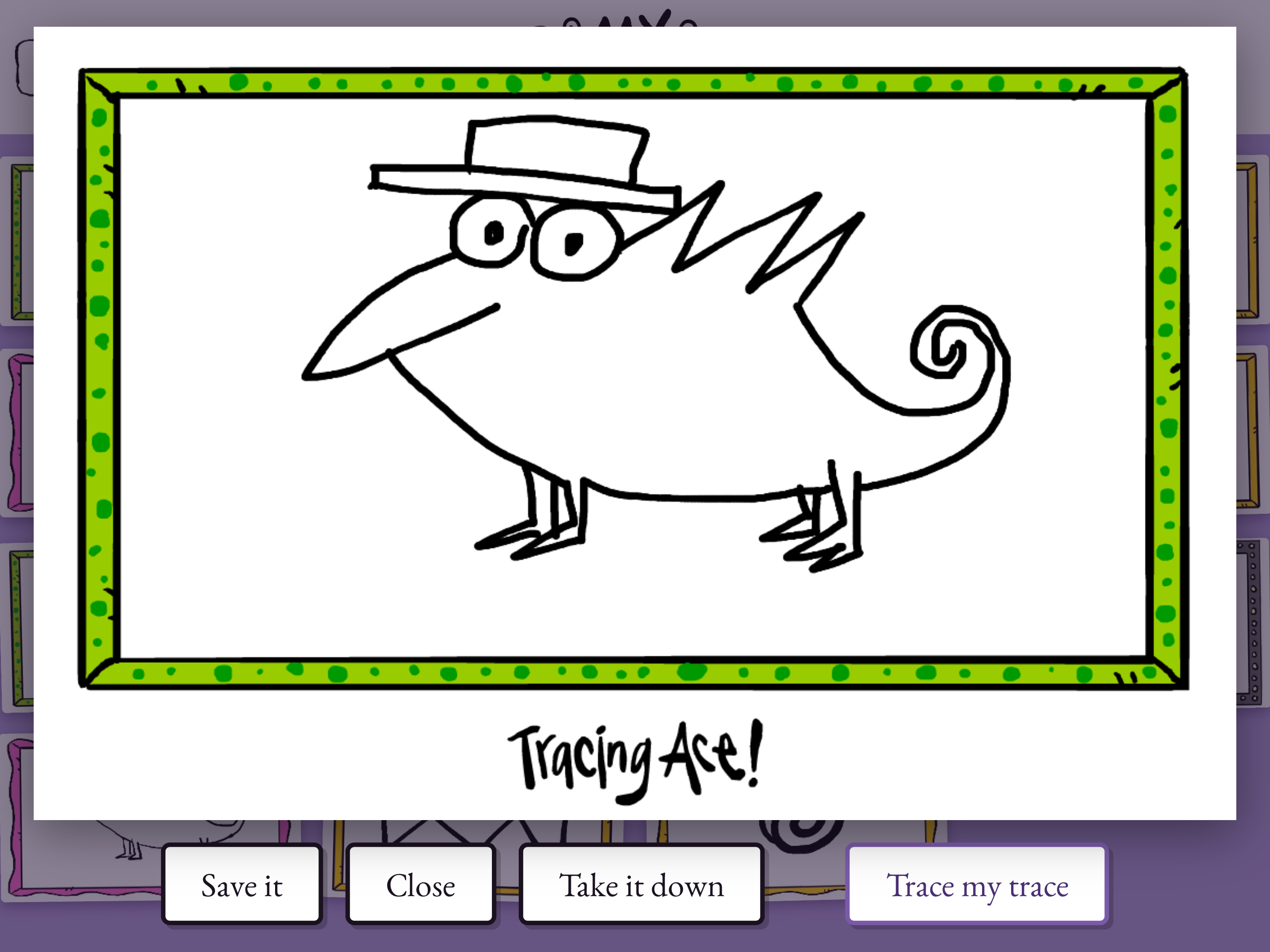 A finished chameleon wearing a hat, in a green spotted hand-drawn frame, signed Tracing Ace!, with buttons to save it, take it down or trace it again.
