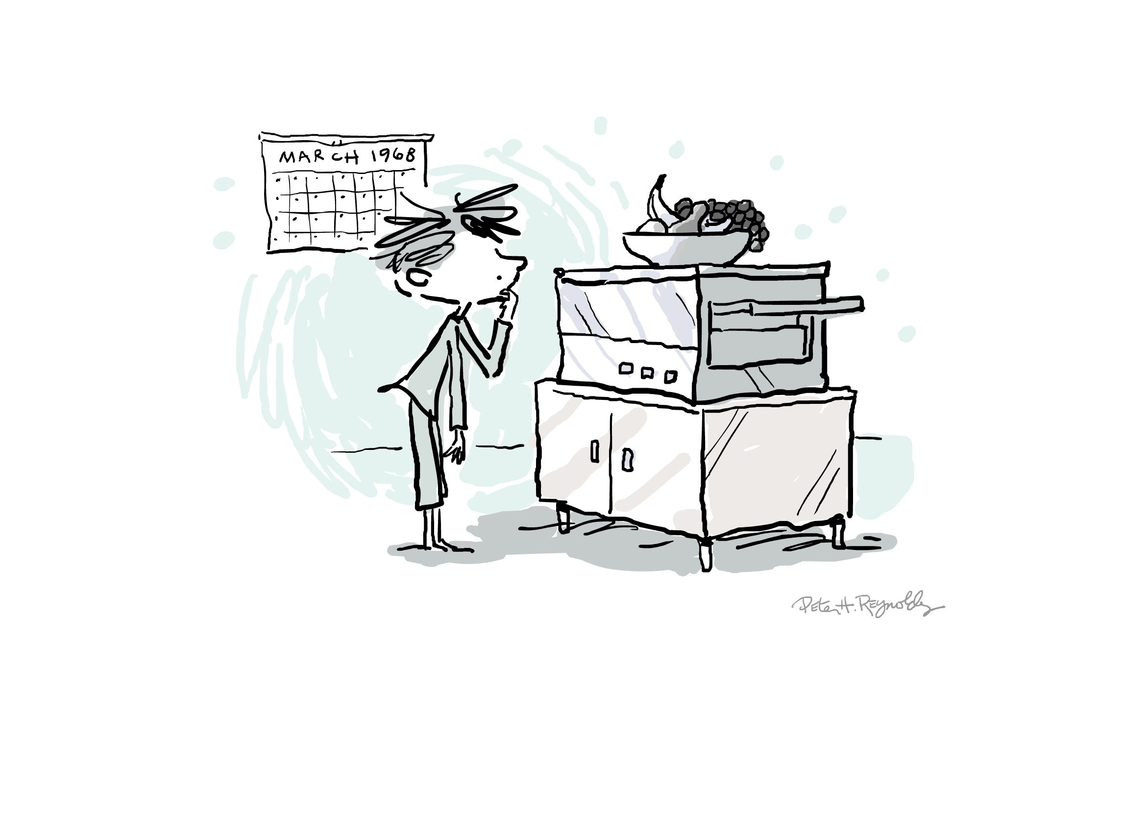 Peter H. Reynolds' drawing of himself as a boy in 1968, looking up at the family photocopier, a bowl of fruit on top.
